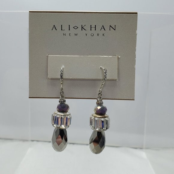ALI KHAN grey faceted drop with rhinestones fish hook earring with gift box - Picture 1 of 7